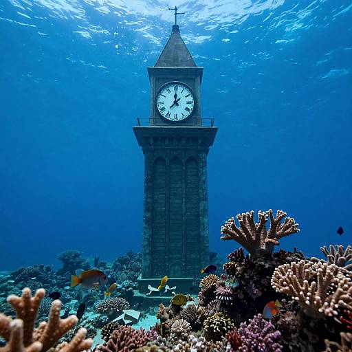 Photograph of an underwater clock tower surrounded by colorful coral reefs and small fish, bathed in blue ocean light.
