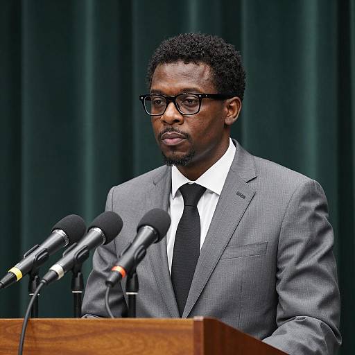 Serious Black Man at Podium with Microphones