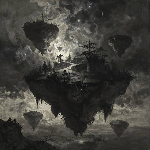 Surreal Floating Islands Charcoal Art