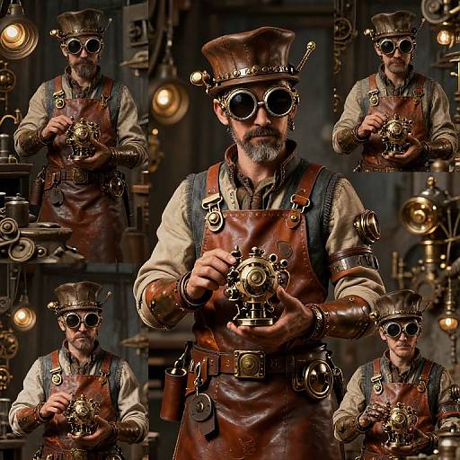 Photograph of an elderly bearded man in steampunk attire, wearing round goggles, brown leather apron, and top hat, working with brass