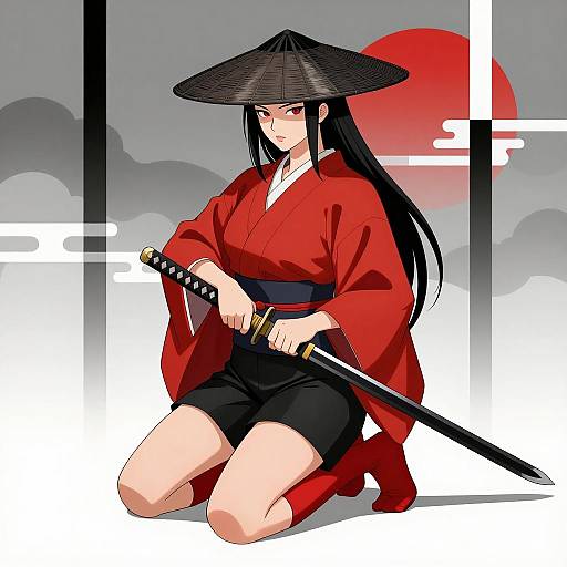 Female Samurai Kneeling with Katana