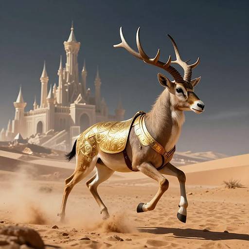 Golden Armored Antelope in Surreal Desert