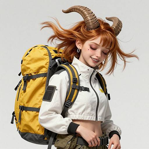 Digital artwork of a smiling, red-haired girl with horns, wearing a white jacket and yellow backpack, against a white background.