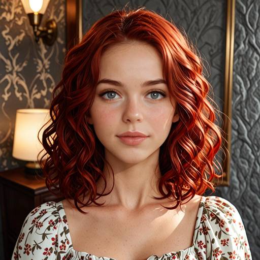 Redhead Woman with Curly Hair in Floral Dress