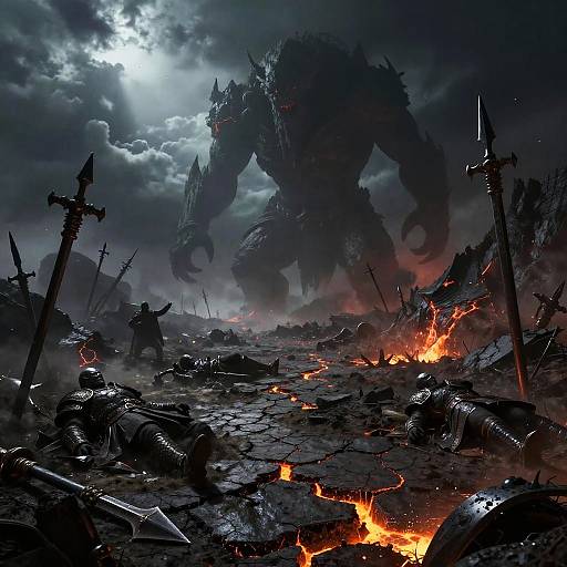 Digital artwork of a dark, stormy battlefield with a massive, shadowy monster towering over scattered, burning debris and fallen swords.