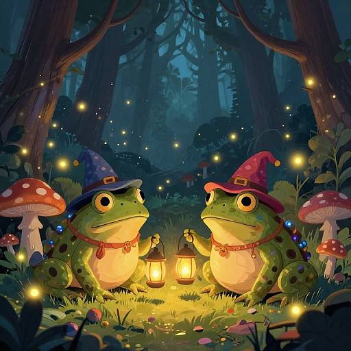 Digital illustration of two green frogs wearing wizard hats, sitting in a moonlit forest, holding a lantern, surrounded by glowing fireflies and red-and-white