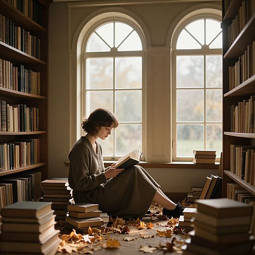 Photograph of a young woman with curly black hair, wearing a gray dress, sitting on the floor amidst autumn leaves, reading a book in a sun