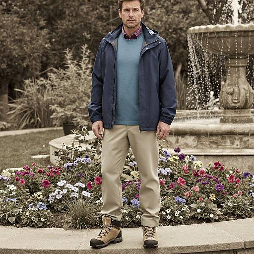 Photograph of a serious-looking man in a blue jacket, light blue sweater, beige pants, and brown boots standing in front of a flower garden and