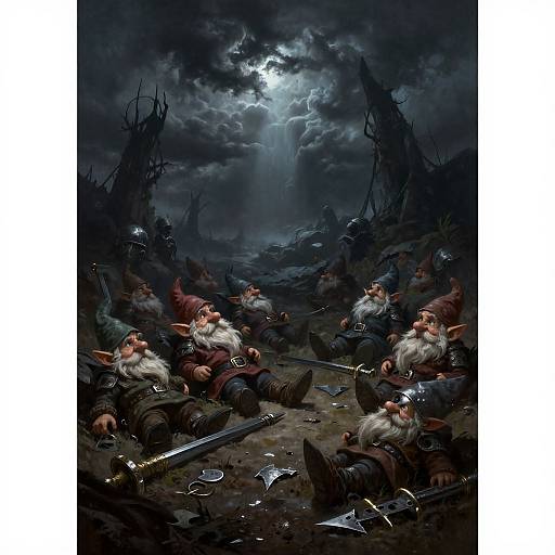 Digital fantasy artwork: Seven weary, bearded gnomes with red hats and white beards rest amidst a dark, stormy battlefield littered with