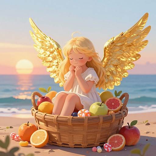 Blonde Angel Girl in Basket at Sunset