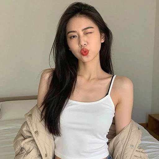 Winking Asian Woman in Casual Outfit