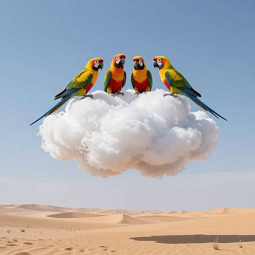 Photograph of four vibrant, colorful macaws perched on a white cloud against a clear blue sky and sandy desert landscape.