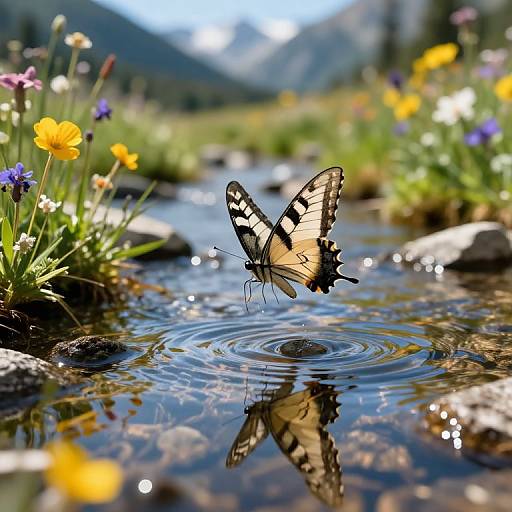 Photograph of a black-and-yellow butterfly with distinctive wing patterns landing on a rippling stream, surrounded by vibrant wildflowers and rocky terrain in a mountain