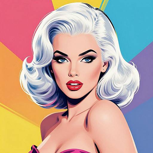 Digital pop-art portrait of a white-haired woman with red lips, blue eyes, and strapless pink top, against colorful yellow, pink, and blue