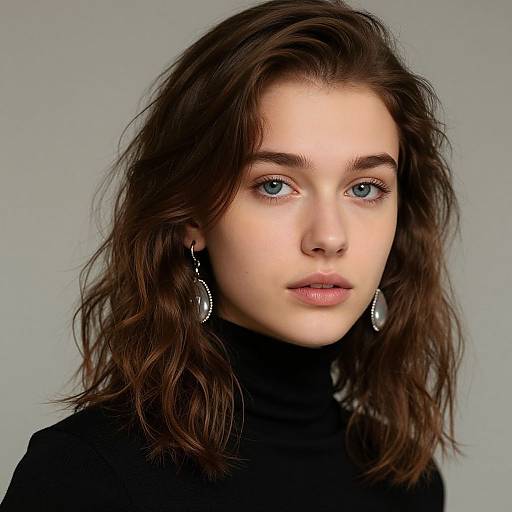 Photograph of a young woman with fair skin, blue eyes, and wavy brown hair, wearing a black turtleneck and silver teardrop