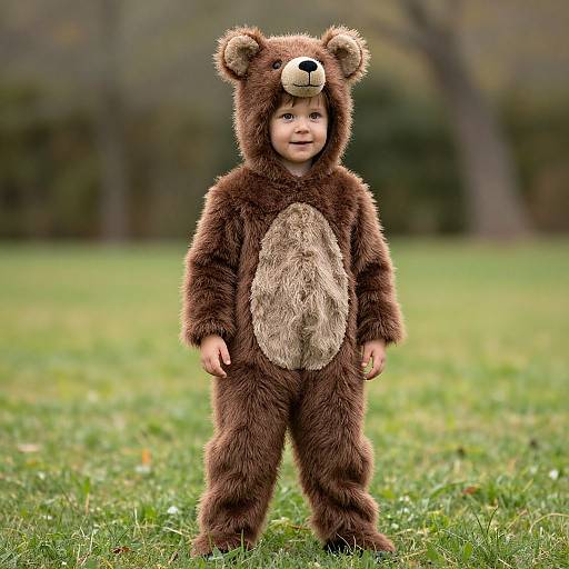 Photograph of a smiling toddler in a brown bear onesie with white chest, standing on green grass in a blurred park.