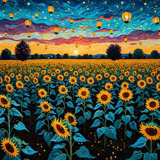 Whimsical Sunflower Field with Floating Lanterns at Dusk