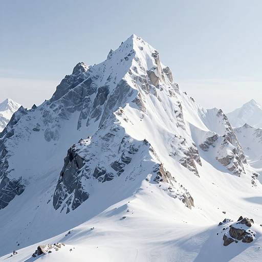 Photograph of a towering, snow-covered mountain peak with sharp, jagged edges, bright white snow, and clear blue sky above.
