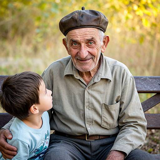 Photograph of an elderly man with wrinkled skin, gray beard, and brown cap, smiling at a young boy on a bench in a sunny,