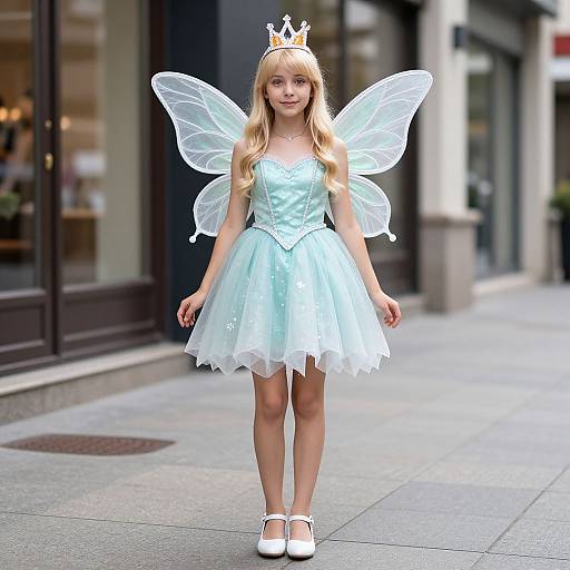 Photograph of a young blonde girl with light blue fairy dress, white wings, crown, and white shoes, standing on a city sidewalk.