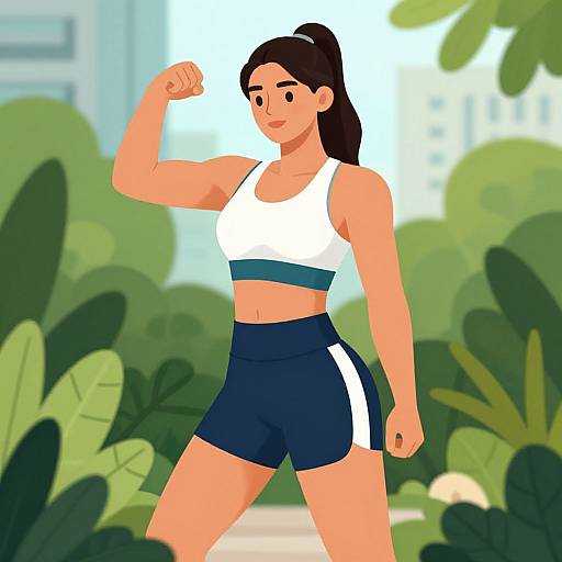Digital illustration of a fit woman with tan skin, black hair in a ponytail, flexing her right arm in a white sports bra and navy blue
