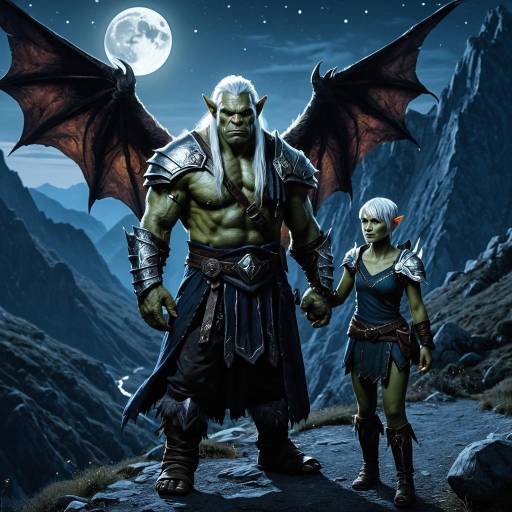 Orc and Elf Warriors Under Full Moon in Mountain Pass