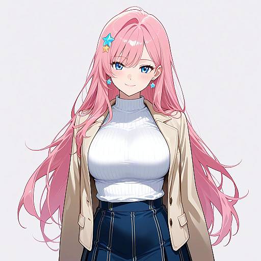 Digital anime-style drawing of a pink-haired woman with blue eyes, large breasts, wearing a white turtleneck, beige jacket, and blue skirt,