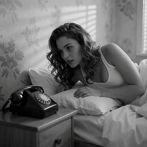 Woman Lying in Bed Looking at Rotary Phone
