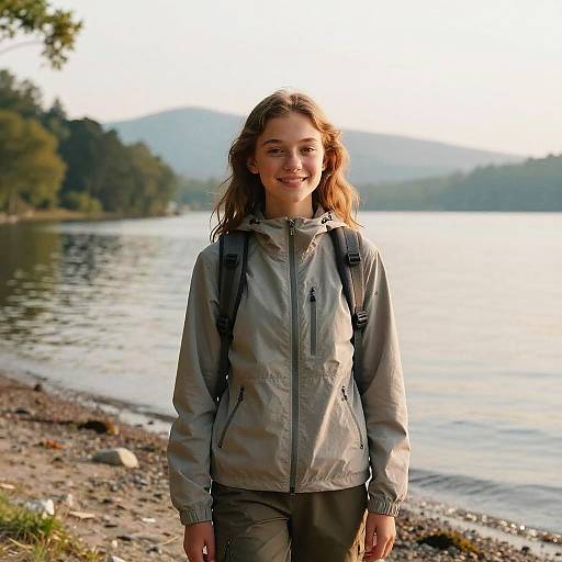Photograph of a smiling young woman with wavy blonde hair, wearing a gray jacket and backpack, standing by a serene lake with trees and mountains in