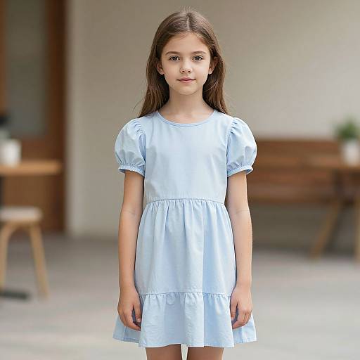 Photograph of a young girl with long brown hair, wearing a light blue, short-sleeved dress, standing indoors with a blurred background of wooden