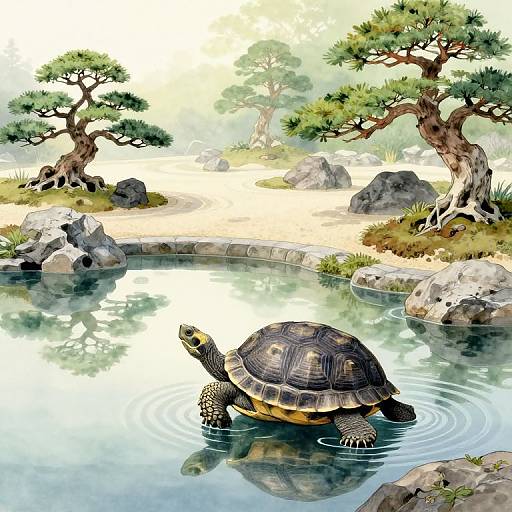 Digital illustration of a turtle with a detailed, patterned shell swimming in a calm pond surrounded by rocky terrain and pine trees.