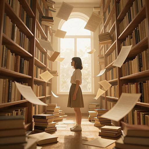 Photograph-style digital art: Silhouetted girl in white blouse and green skirt stands in sunlit library aisle, surrounded by floating papers and stacked