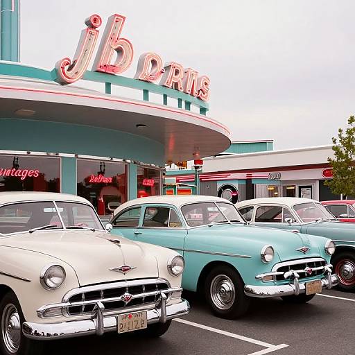 Photograph of a vintage 1950s-style J.B. Hunt gas station with three classic cars (white, blue, black) parked in front