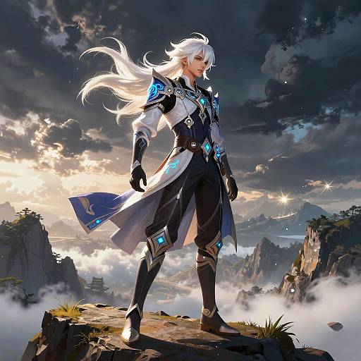 Digital fantasy artwork of a white-haired, armored man with glowing blue accents, standing on a rocky peak under a dramatic, cloudy sky.