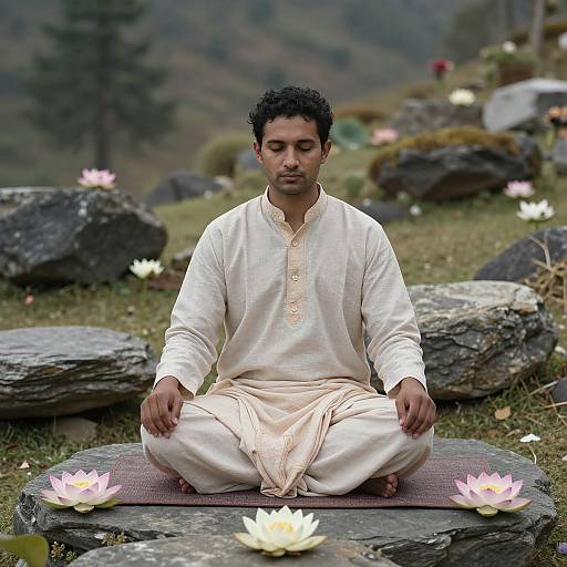 Photograph of a dark-haired man in white traditional Pakistani attire, meditating cross-legged on a purple mat amidst blooming lotus flowers and rocks in