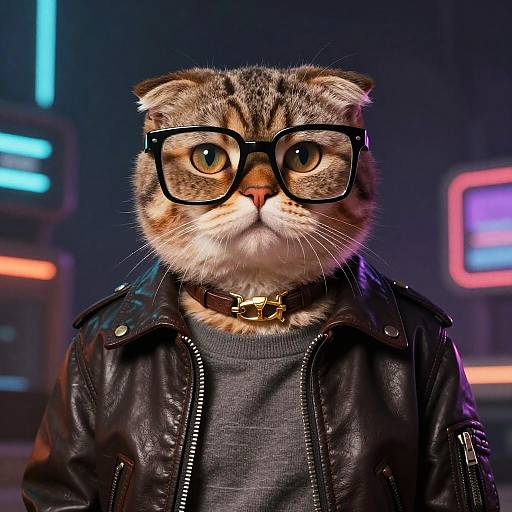 Photograph of a tabby cat with large black-rimmed glasses, wearing a black leather jacket and gray shirt, set against a neon-lit
