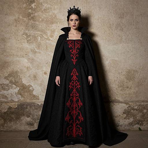 Photograph of a pale-skinned woman with dark hair, wearing a black crown, black gown with red ornate patterns, and black cape, standing