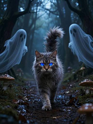 Spooky Stylized Cat in Haunted Forest
