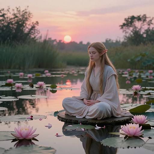 Ethereal elf woman with long blonde hair, white dress, and pointed ears, meditates on a lily pad in a serene, pink-s
