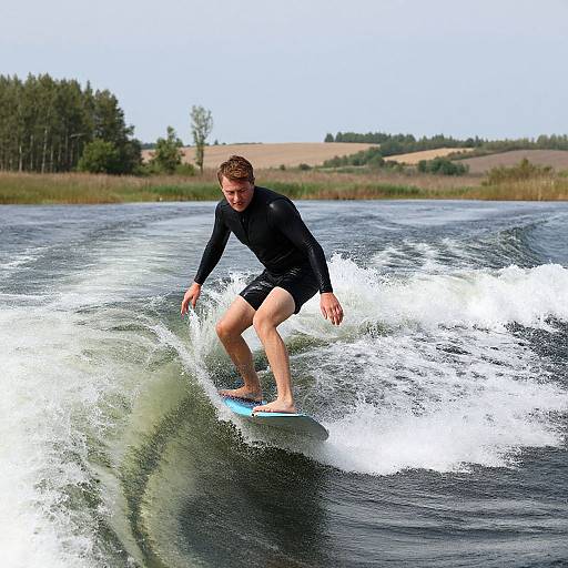 Photograph of a young man with short brown hair, wearing a black wetsuit, surfing on a river wave with white foamy water, surrounded