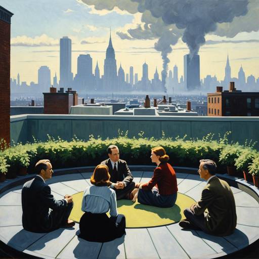 City Rooftop Garden in Misty Morning