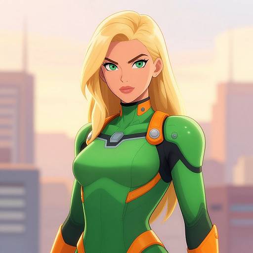 Digital illustration of a blonde, green-eyed woman in a tight, green and orange superhero suit, standing against a blurred cityscape background.