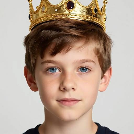 Photograph of a young boy with blue eyes, brown hair, and fair skin, wearing a golden crown with black jewels, against a white background.