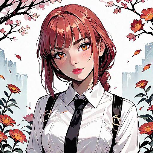 Anime-style digital drawing of a red-haired girl with fair skin, wearing a white shirt, black tie, and suspenders, surrounded by cherry blossoms