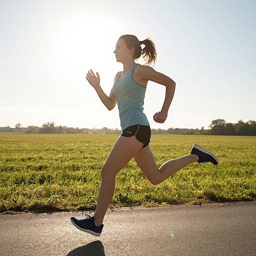 Photograph of a fit, young woman with a ponytail, wearing a light blue tank top and black shorts, running on a sunlit grassy