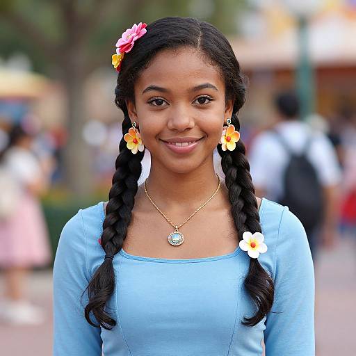 Photograph of a young Black girl with braided hair, wearing a blue long-sleeve shirt, flower hairpins, and yellow flower earrings,