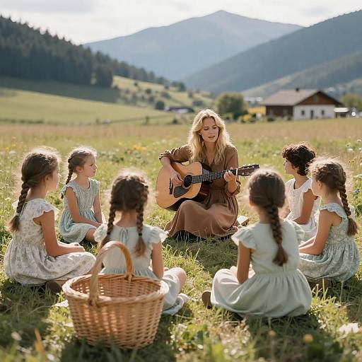 Woman Playing Guitar with Children in Mountain Meadow