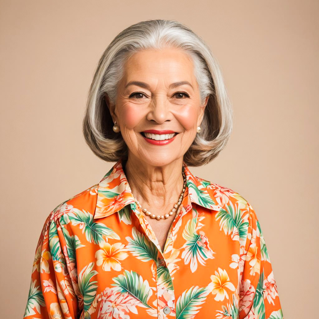 Cheerful Elderly Woman in Hawaiian Luau