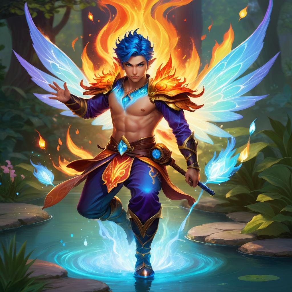 Mischievous Male Fairy in Fiery Action