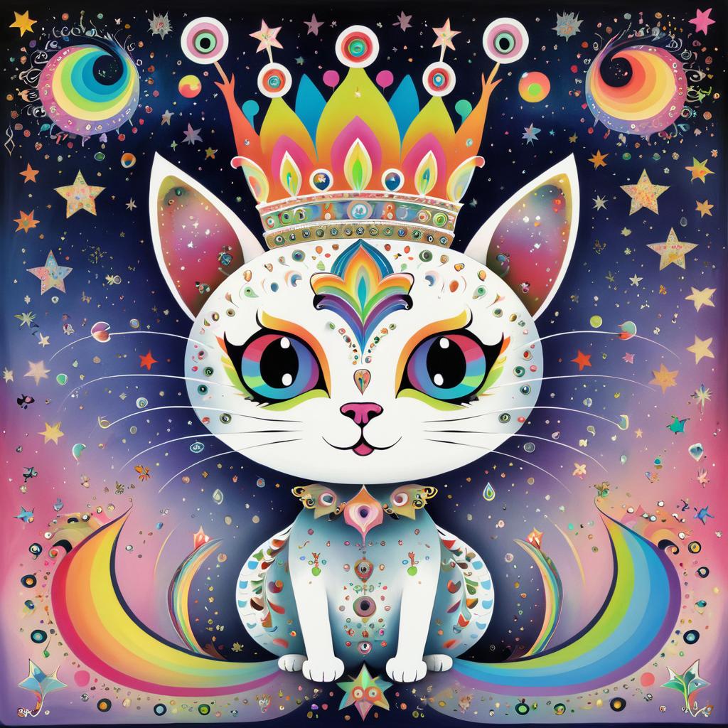 Whimsical Cat with Crown and Rainbow Tail